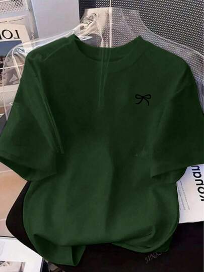 Bow Print Loose Fit Short Sleeve T-Shirt, Spring/Summer