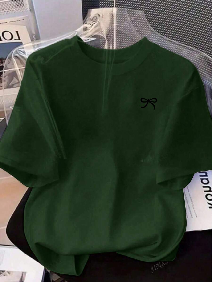 Bow Print Loose Fit Short Sleeve T-Shirt, Spring/Summer - Green - View 1