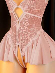 性感内衣，开裆设计，蕾丝骷髅连体裤，优雅女士连体裤，床上诱惑服，激情睡袍 - 藕粉色 - 查看 4