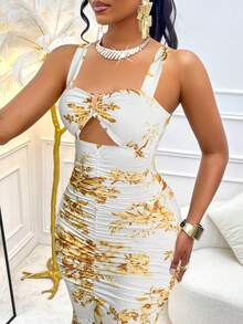 AIJ Amarilo Ladies Elegant Sexy Pure Desire Slim Sling Pleated Hip Wrap Double Layer Lotus Leaf Hem - Light Yellow - View 4