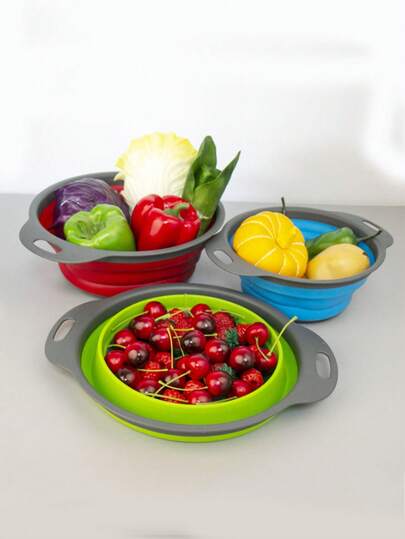 1 pieza Cesta de drenaje, Cesta de filtro circular plegable, Cesta de frutas, Bandeja de plástico, Utensilios de cocina de goma