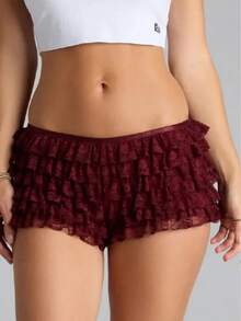 Women's Lace Sexy Short Shorts, Cake Pants Ruffle Bloomers Elastic Waist Layered Cake Shorts Lounge Mini Short Pants - 酒紅色 - 查看 1