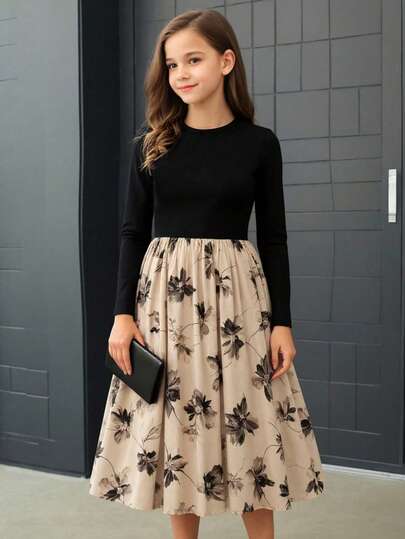 女童水墨花卉印花拼布圆领长袖休闲百搭连衣裙，适合年龄较大的青少年女孩