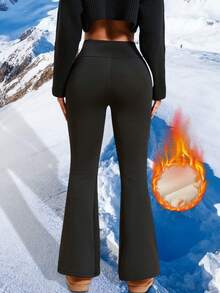 1件秋冬瑜伽裤，保暖内衬，高腰，修身，休闲瑜伽运动喇叭裤 - 黑色 - 查看 3