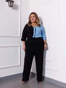 Maison Raglan Sleeve Blouse And Plus Size Summer Pants Set - Baby Blue - View 2