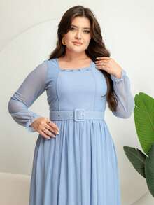 Long Tulle Dress, Plain Fabric, With Belt, Wedding, Holiday - 淺藍色 - 查看 3