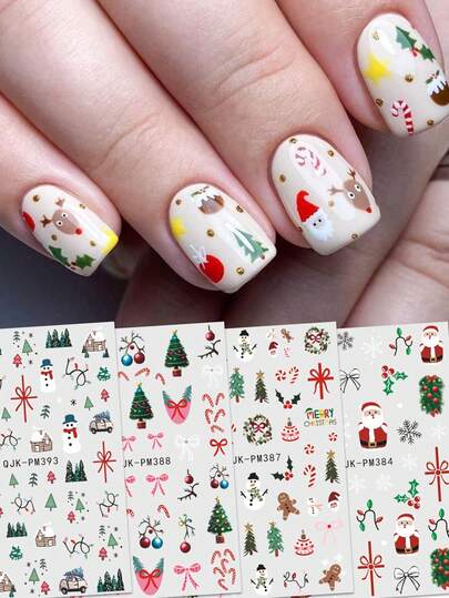 4pcs Christmas Nail Art Stickers - Santa Claus, Snowman, Snowflakes, Pine Branches, Colorful Lights, Elk, Christmas Tree, Christmas Hat And Bell Design, Self-Adhesive Manicure Decals For Women, 3D Matte Finish, Cute, French And Cartoon Themes, Easy To Apply Nail Decoration, DIY, Gifts, Party Makeup Styling, Manicure Art Stickers