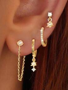 4/8pcs Women Fashion Minimalist Gold-Color Cubic Zirconia & Faux Pearl Inlaid Chain Tassel Earrings Set, Hypoallergenic, Small Hoop Design, Lightweight & Mini, Versatile, Suitable For Multiple Ear Piercings