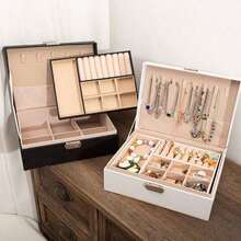 1pc White Luxury PU Leather Multifunctional Jewelry Storage Box With Secure Lock And Reliable Soft Cushion Drawer, Velvet Lined Travel Case, Large Capacity Multi Compartment Design, Suitable For Rings, Earrings, Necklaces And Bracelets - Elegant Black And Pink Home Decoration Jewelry Gift Box, Perfect Gift For Valentine's Day, Christmas, Mother's Day, Thanksgiving, Exquisite Design, Keychain Closure Jewelry Box, Fashionable Storage, Durable Structure, Exclusive To Fashion Enthusiasts - trắng - Xem 6