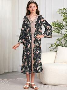 Tween Girl Middle East Dubai Style Print Loose Long Dress Robe - Multicolor - View 3