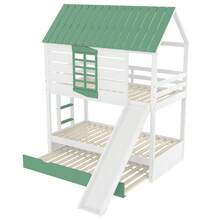 Letto a Castello, Letto a Soppalco con Letto Estraibile e Scivolo, Per Camera dei Bambini, Design Compatto, 90X200 cm, Bianco+Verde - Bianco+Verde - Visualizzare 9