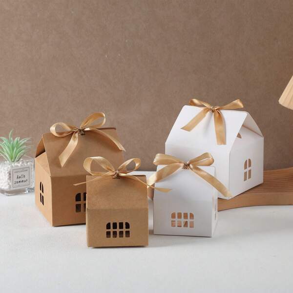10 Stücke hausförmige Geschenkboxen, braun & weiß Karton Süßigkeitenboxen, Hochzeitsgeschenke mit Schleife, Fensterdesign, für Geschenke, Jahrestag, Geburtstagsparty