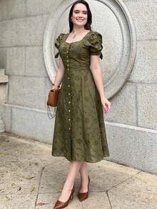 Women's Midi Dress, Casual, Elegant, Cotton, Daily - 軍綠色 - 查看 10