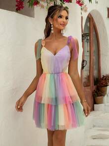 Joyfunear Women's Rainbow Contrast Color Knotted Shoulder Mesh Dress Vacation Elegant Summer - Multicolor - View 1