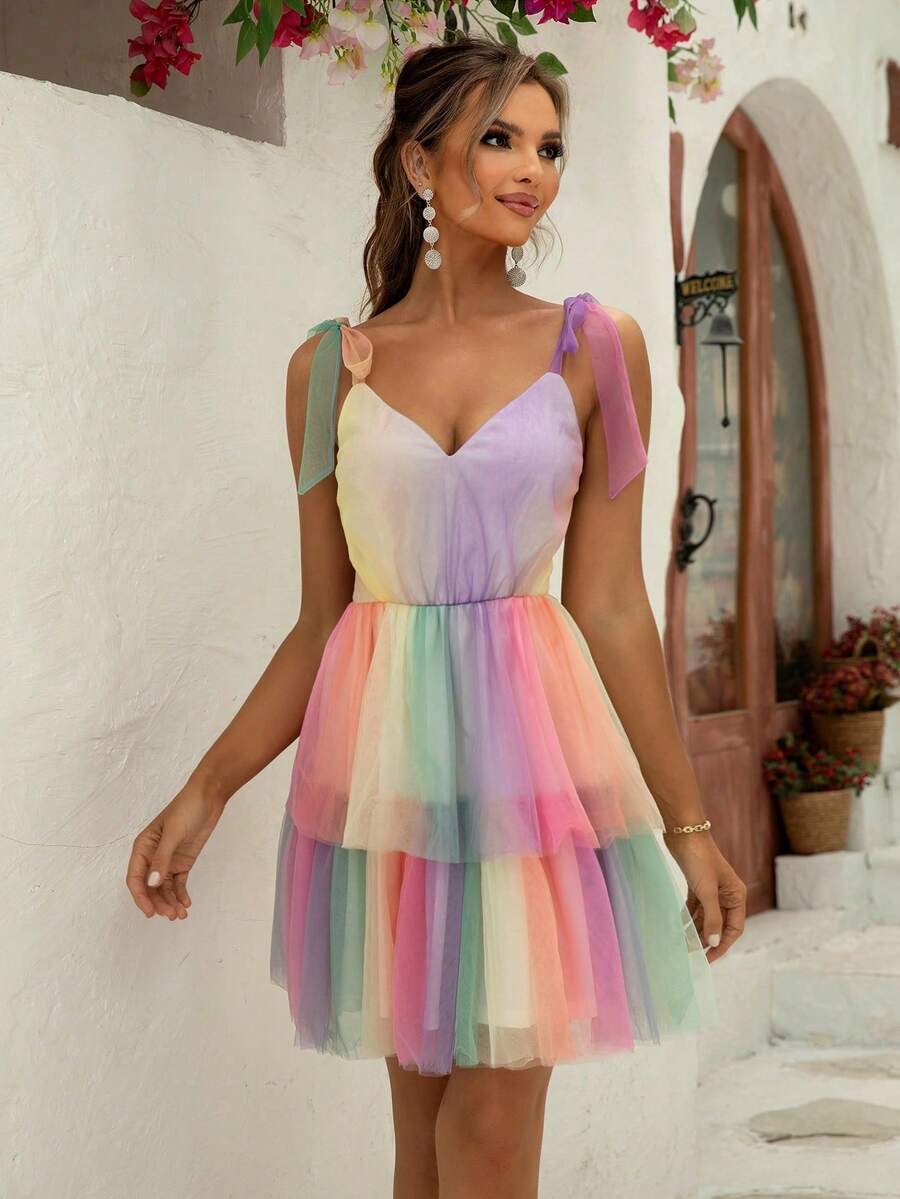 Joyfunear Women's Rainbow Contrast Color Knotted Shoulder Mesh Dress Vacation Elegant Summer - Multicolor - View 1