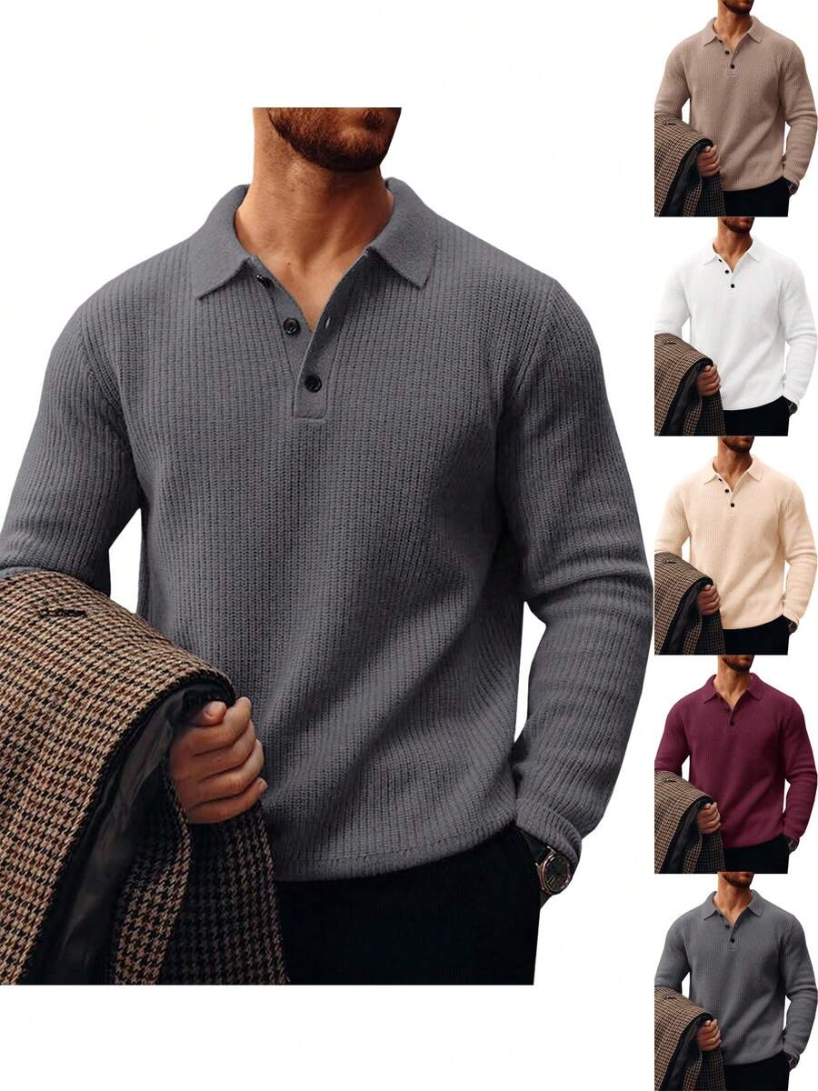 Runcati Mens Long Sleeve Polo Sweater Knit Polos V Neck Casual Dress Button Collared Pullover Sweaters - 深灰色 - 查看 1