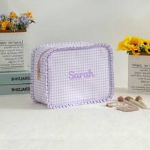 Personalized Embroidered Makeup Bag For Girls, Custom Name Gingham Toiletry Pouch With Cute Ruffle Trim, Soft Pastel Travel Cosmetic Organizer, Lightweight Large Capacity Storage Bag, Ideal Gift For Friends, Bridesmaids, Or Christmas