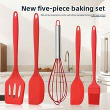 5pcs Silicone Spatula Set, Cake Scraper, Whisk, Baking Tools With Oil Brush - Baking 5-piece Set-pink - View 2