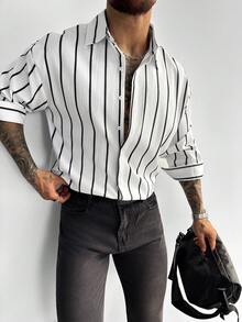 男士经典黑白条纹长袖衬衫，亚麻质感纽扣衬衫，适合休闲、办公、通勤等各种场合，四季皆宜，展现复古绅士风范，圣诞节和新年男士礼物之选 - 白色 - 查看 5