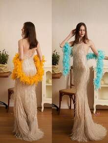 羽毛围巾，DIY派对装饰，彩色羽毛围巾，围巾装饰，女士仿羽毛围巾 - 复古风格涤纶和氨纶混纺，适合生日派对、万圣节、圣诞节、赛马会、下午茶、新年夜、音乐会、家居装饰、舞蹈婚礼、舞台表演、嘉年华服装及配饰、派对用品 - 彩色 - 查看 3