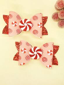 2 Stücke Weihnachts-Bonbon-Schleifen Haarclips, handgefertigt aus PU-Leder und glänzendem Glitzerleder, geeignet für Weihnachten, Geburtstagsfeiern, Themenparks, Cosplay