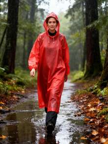 1pc Thick Hooded Raincoat, Waterproof Jumpsuit Rain Jacket For Men And Women, Plus Size Couple Rainwear - Red - View 5