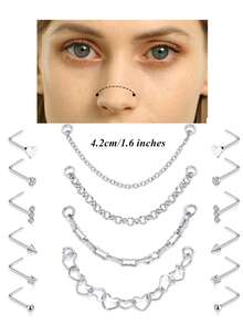 16 PCS Multi-Piece Fashion Versatile Silver & Gold-Toned Heart, Cubic Zirconia & Chain Detail Nose Ring Set Unisex For Daily & Festival Celebration
