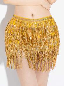 Glitzernder paillettenbesetzter Hüftschal mit Quasten für Frauen, Bauchtanz-Rock mit Fransen als Festival- und Rave-Kostüm - Gold - Übersicht 6