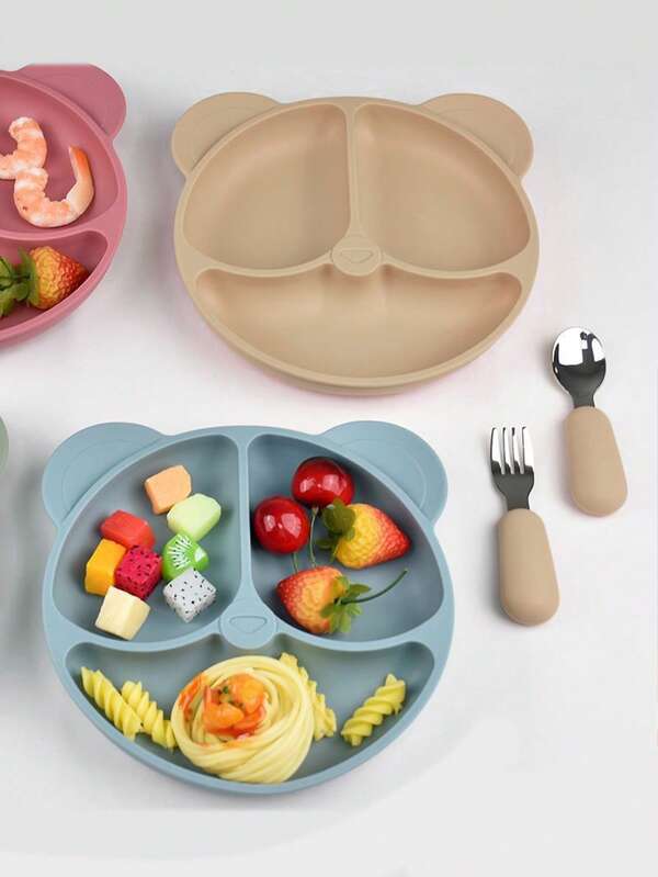 3 Pieces Set Silicone Baby Toddler Feeding Bowl With Cute Stainless Steel Spoon And Fork, Anti-Drop Heatproof Suction Bowl, Suitable For Daily Use