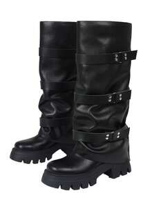 Women's Knee High Boots Fold Over Platform Wide Calf Round Toe Shoes Slouchy Outdoor Indoor Winter Fall Boots For Women - 黑色 - 查看 2
