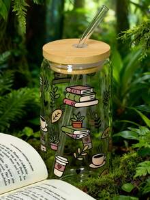 500ml/16.91oz Knowledge Ocean Glass Straw Cup, Large Capacity Straw Tumbler For Coffee, Matcha And Other Beverages