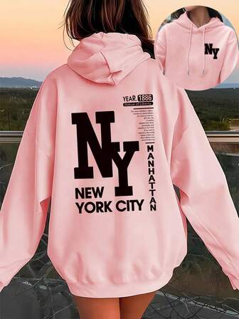 Plus Size Women's "NY" Letter With "NEW YORK CITY" "MANHATTAN" And Related Descriptive Text Patterns Hoodie,Winter,Christmas Outfits,Winter Clothes Women,Jumpers For Women,Top,Coats For Women,Tops For Women,Women Winter Clothes,Long Sleeve Tops,Festival Outfits Women,Christmas Gifts,Christmas Day Outfit,Black Tops,Curve,New Year Outfit