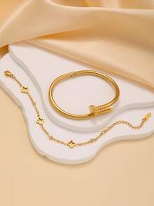 New Fashionable Vintage Stainless Steel Four-Leaf Clover Bracelet & Bangle Set, Suitable For Women's Daily Wear - Yellow Gold - View 3