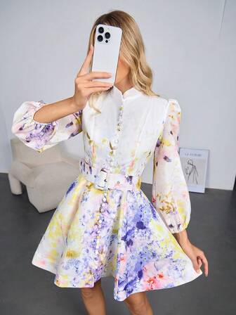 Elegant Arabic Mid-Length Dress, Stand Collar, Long Sleeve, Button Detail, Floral Woven Fabric, Suitable For Special Occasions