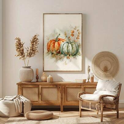 1 pièce Impression sur canevas d'art minimaliste à l'aquarelle de citrouille, affiche de décoration murale résistante à la décoloration pour le salon, peinture de style artistique sans cadre