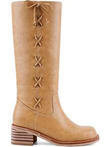 Women's Knee High Chunky Block Heel Square Toe Low Heel Boots, Style - Lace Brown - View 2