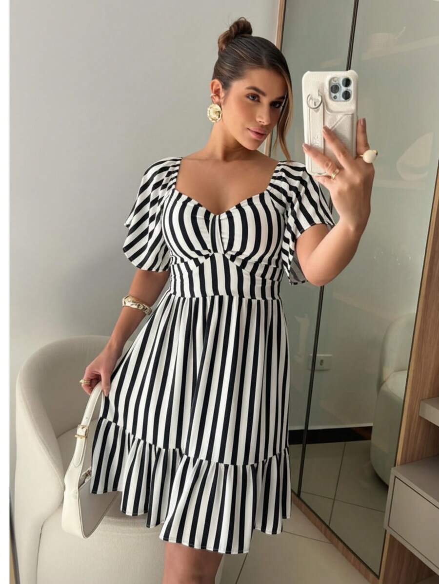 Women's Striped Short Dress With Puff Sleeves And Ruffles - Casual And Elegant Summer Fashion. Ruched Ruffle Hem - Black - View 1