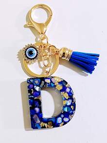 26pcs Bohemian Style Gemstone Blue Resin Letter Keychains, Bag Charms With Evil Eye And Tassel Decor, Holiday/Birthday Party Favors Christmas Gift Car Accessories Teacher Friend Sister Gift Ideas - Royal Blue - View 13