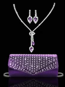 Glitting Luxury Rhinestone Embellished Women's Evening Clutch Bag With Diamondnecklace, Earrings Set, Stylish And Elegant Shoulder Bag And Chain Crossbody Bag For Party Girls, Ladies, Brides, Perfect Charming Evening Dress Bag For Party, Wedding, Prom, Dinner/Banquet. Best New Year And Valentine's Day Gift Set.