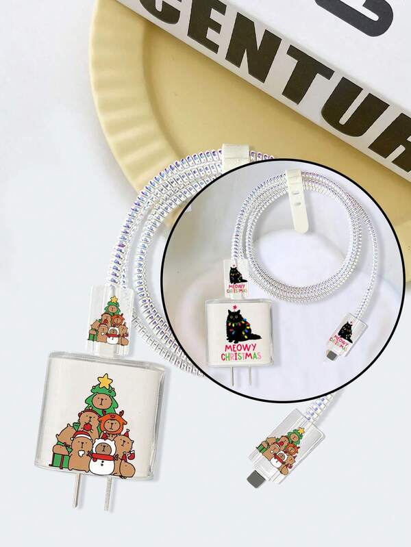 5pcs Set: 18/20W Charger Protective Case, Charging Cable Head Anti-Break Protector, Christmas Cat/Hippopotamus Pattern