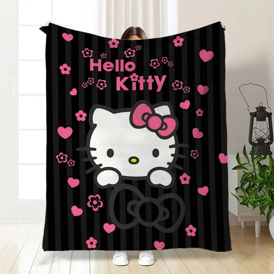 Sanrio 1 pieza Manta suave rectangular de poliéster, nuevo diseño de otoño/invierno, patrón de dibujos animados de Sanrio, adecuado para la decoración del dormitorio y la fiesta, manta de Hello Kitty para otoño/invierno, manta navideña, aplicable para la sala de estar y el dormitorio, buena opción para la siesta en la oficina