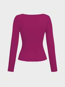 Basic And Minimalist Long-Sleeved Top With A Round Neck, Double-Layered, Seamless And Fitted, For Casual Spring Wear - Fuchsia Pink - View 5