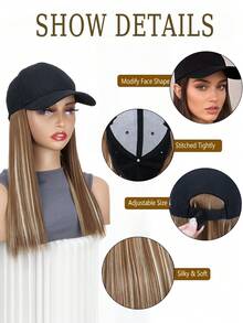 棒球帽假发合成纤维直发接发编织假发帽适合中长直发棕色挑染亚麻色女士成人运动帽适合万圣节和圣诞节及日常使用 - 彩色 - 查看 5