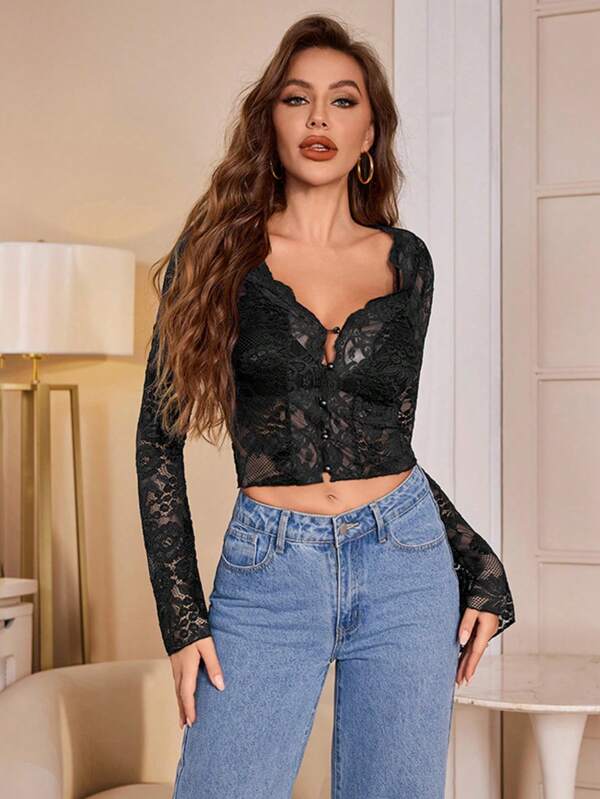 1 pieza Blusa de encaje con cuello en V y botones de unicolor, adecuada para vacaciones, playa y todas las estaciones