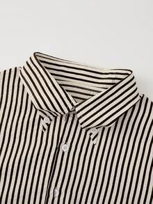 Áo sơ mi nam dài tay dáng rộng, cổ bẻ, xếp ly, chất liệu vải polyester mỏng, họa tiết sọc, kiểu dáng cổ điển tối giản, phù hợp cho các hoạt động thường ngày, ở nhà hoặc đi làm. - màu đen - Xem 4