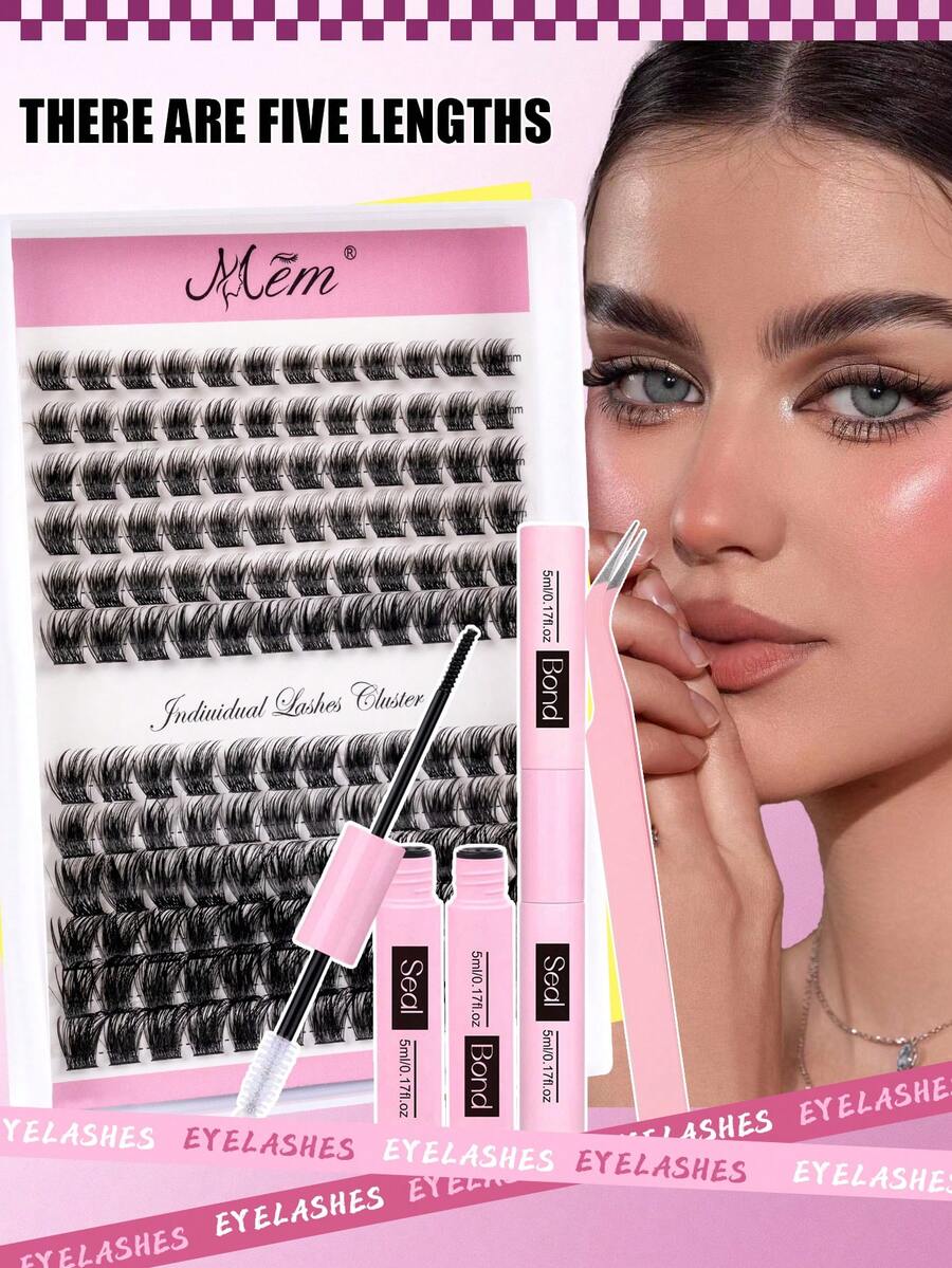 MEM 280/144/120pcs Cluster False Eyelashes, High Capacity, D-Curl, 8-16mm, DIY Lash Clusters, Natural Look, Thick & Long, Super Soft & Lightweight, Reusable, Single Strand Segmented False Lashes, Lash Extension Kit, Suitable For Travel, Daily Wear (Beginner Friendly), Weddings, Dates, Parties, Holidays, Also Great As Christmas/Halloween/Gift Lash Set - 黑色 - 查看 1