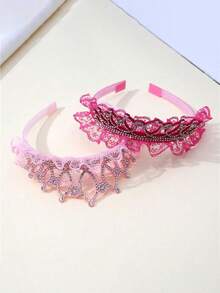 1pc Bridal Crystal Crown Headband, Fashionable Gradient Pink Lace & Crystal Headpiece For Girls - A - View 4