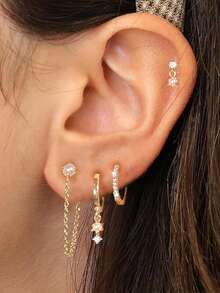 4/8pcs Women Fashion Minimalist Gold-Color Cubic Zirconia & Faux Pearl Inlaid Chain Tassel Earrings Set, Hypoallergenic, Small Hoop Design, Lightweight & Mini, Versatile, Suitable For Multiple Ear Piercings