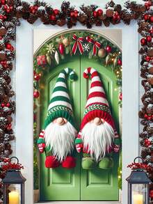 1 Stück Paar rot-grün gestreifte Mützen-Gnomen Muster 2D Weihnachtstür Abdeckung, festlicher Polyester Tür-förmiger Hängedekoration mit lebendigen gestrickten Mützendetails, flauschigen Handschuhen & gemütlichen Stiefeln, waschbar für Innen- und Außenbereich, perfekt für Weihnachtstür Dekoration, um eine fröhliche Stimmung zu Weihnachtspartys beizutragen, ideal für Weihnachtsfeiern und winterliche festliche Wohndekoration
