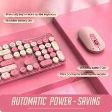 Wireless Keyboard And Mouse Combo, Silent Keyboard Mouse Set, Typewriter Keyboard With Round Keycaps & Foldable Stand, 2-In-1 USB Receiver Cute Mouse Compatible With PC/ Laptop/ Computer